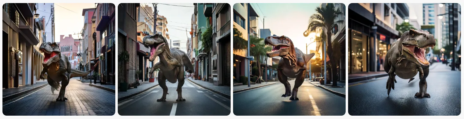 日本の福岡県の博多区の街を全力で走るティラノサウルス